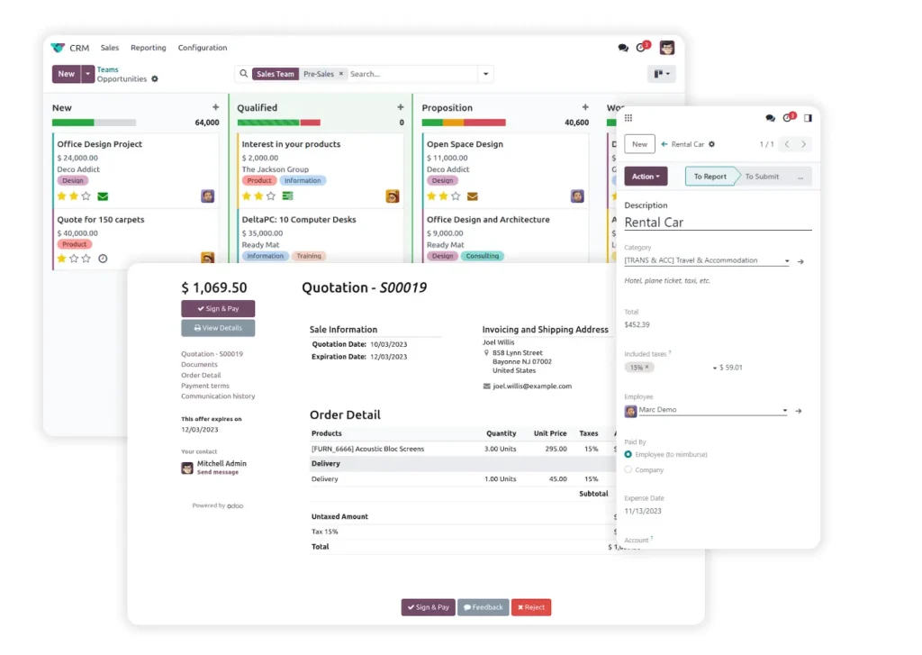 Tre interfacce ricavate da altrettante sezioni di Odoo. Due sono screenshot da desktop, una da mobile.